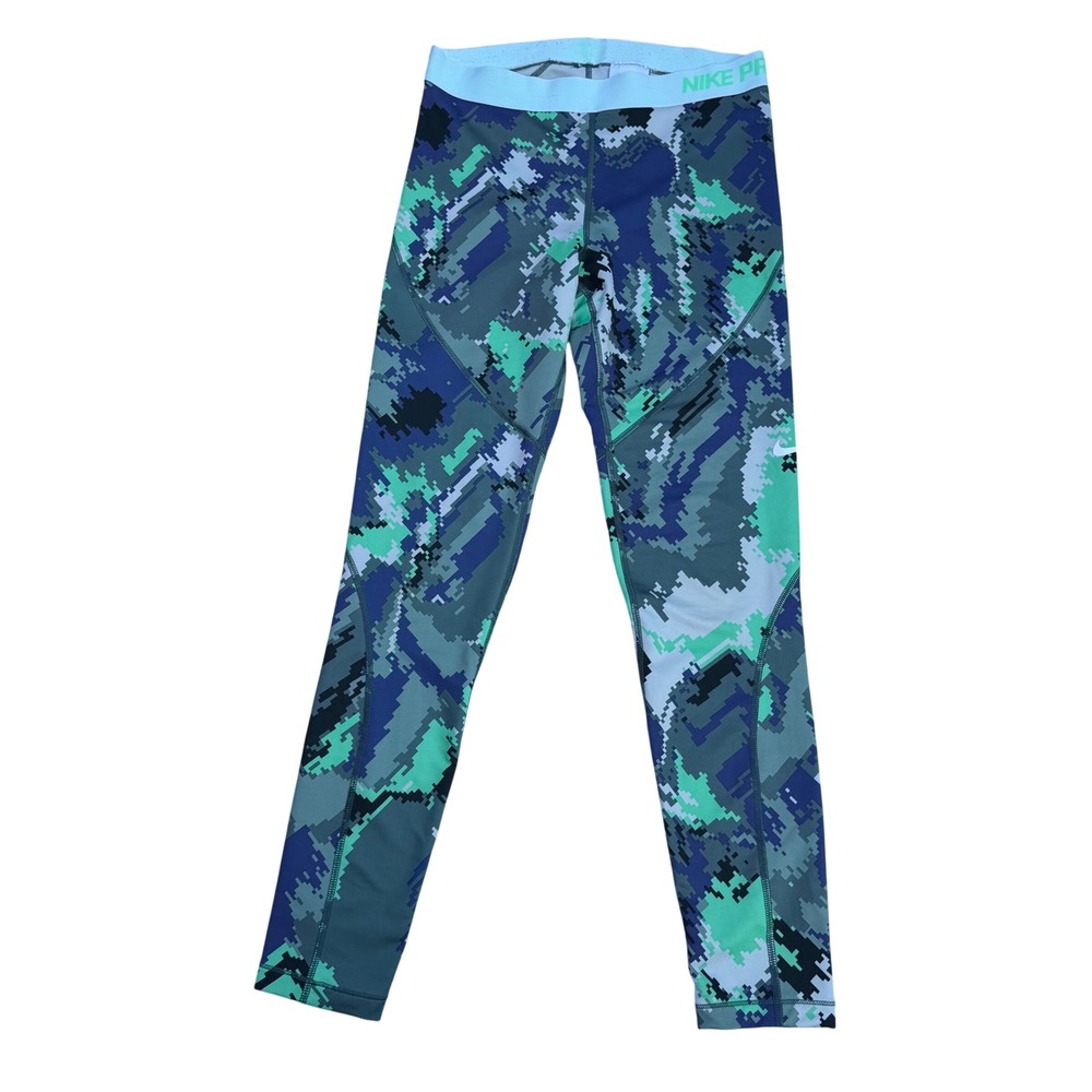 Nike Pro Hyperwarm Leggings Digital Camo Pixel Teal Navy Blue Sporty Active L